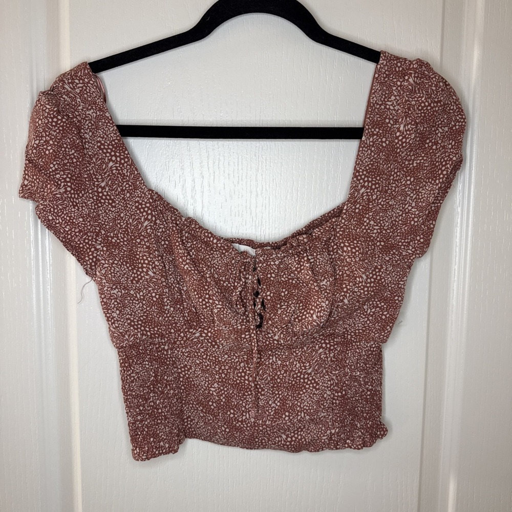 Urban Romantics Smocked Milkmaid Crop Top Rust Ditsy Print Lace Up Size L